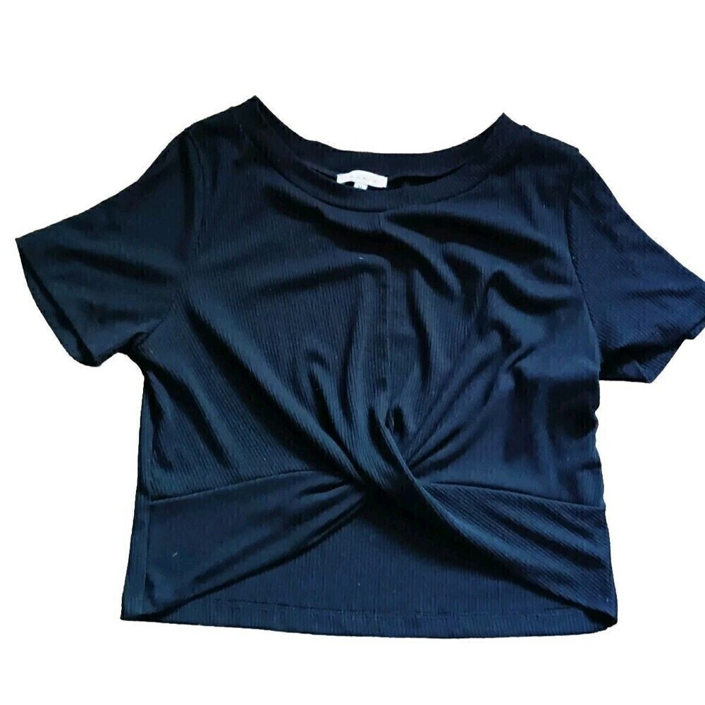 White Birch Ribbed Crop Top Shirt Size XL Black Twisted Front Short Sleeve